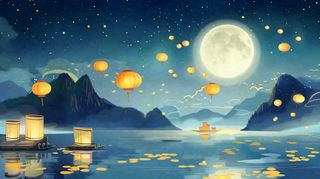 中秋河灯孔明灯中元节风景寒衣节黑夜中元节夜晚月亮唯美插画背景