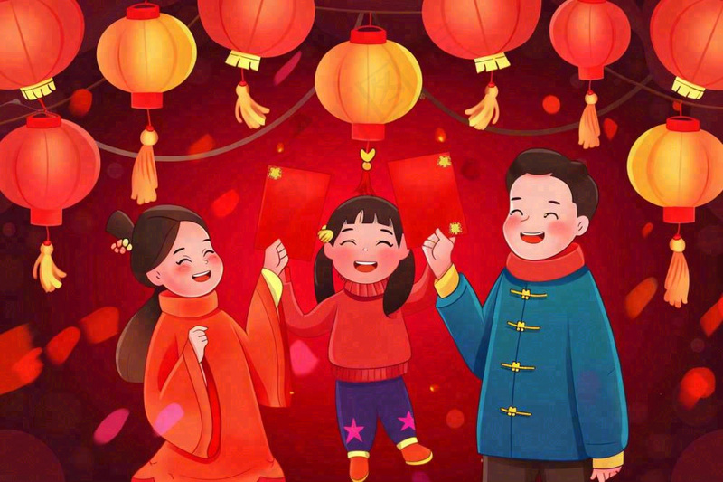 新年春节一家人出游红灯笼红包除夕元宵红色卡通插画背景