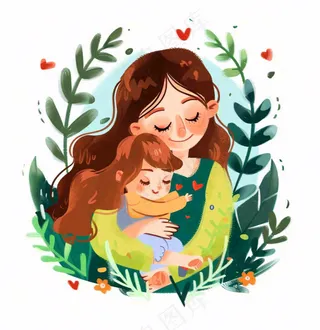 妈妈抱着孩子母亲花草环抱亲情卡通插画免抠