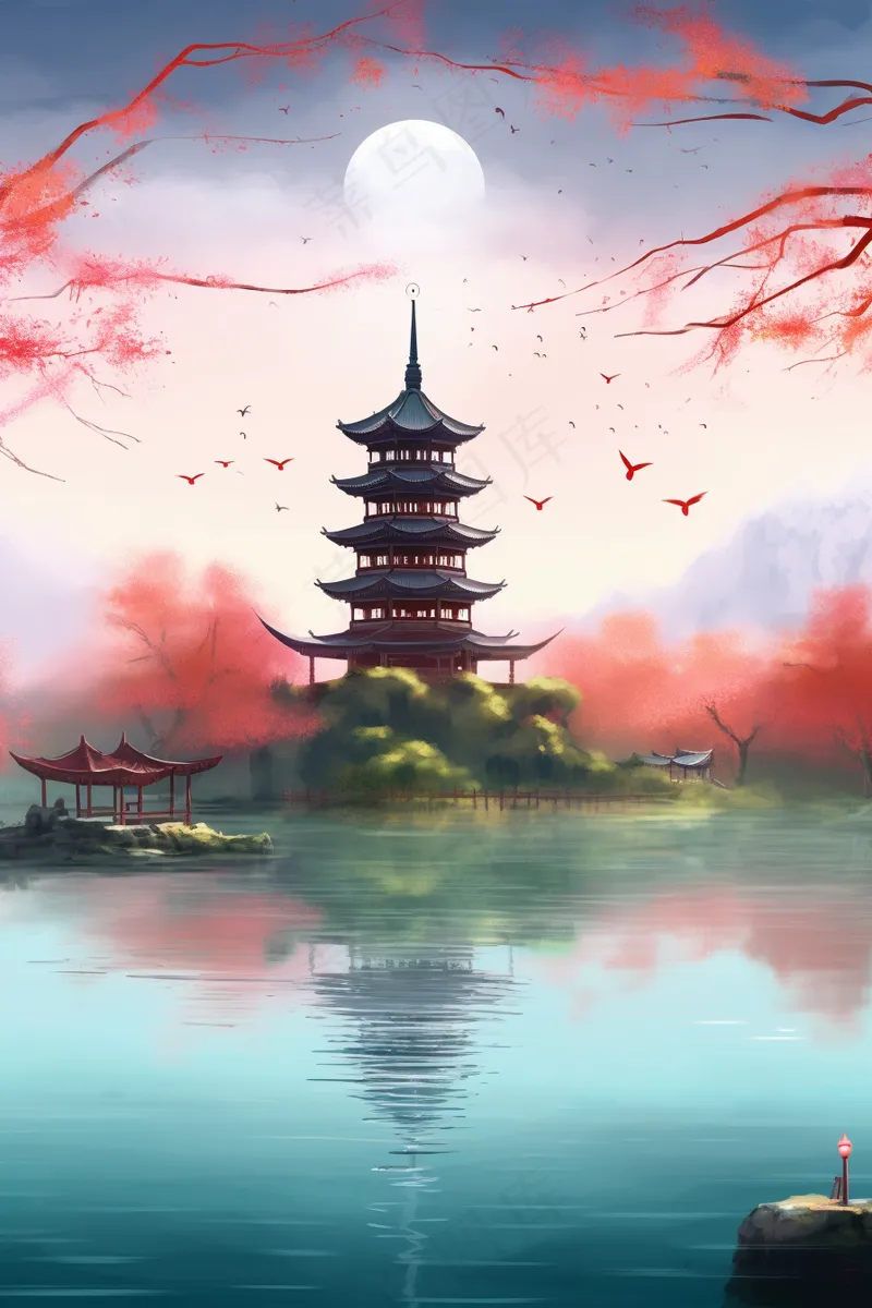 山水画凉亭湖水中国风插画背景(2688x4032)