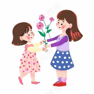 母亲节送花孩子给妈妈送花亲情人物卡通插画免抠