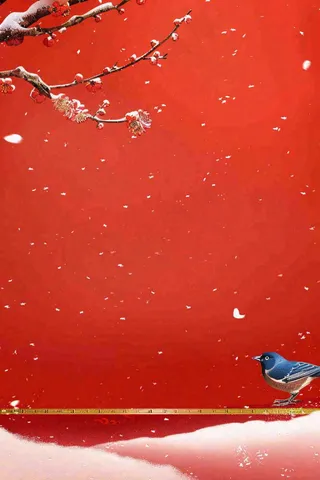 冬天红色宫墙背景梅花树枝小鸟白雪大雪冬至小年新年春节插画背景