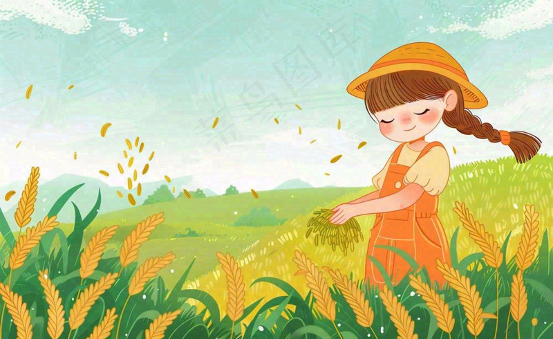 秋收秋天女孩在麦田麦穗芒种立秋秋分卡通插画背景(1408x864)