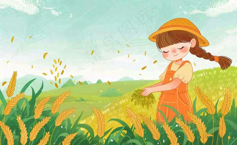 秋收秋天女孩在麦田麦穗芒种立秋秋分卡通插画背景(1408x864)