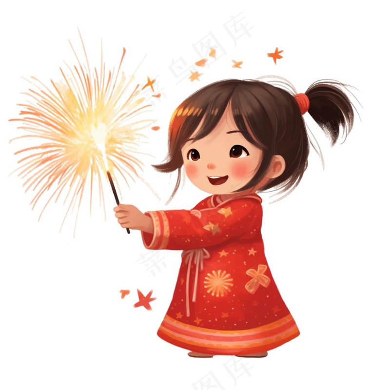 新年放烟花庆祝春节儿童开心过大年卡通插画免抠(1024x1024)