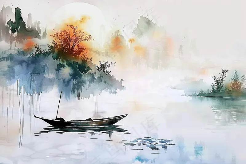 水墨山水画小船河面山川连绵国画插画背景(4032x2688)