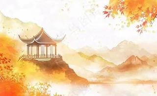 唯美古风建筑枫叶亭子秋天植物山水风景立秋处暑秋分中国风水彩手绘背景