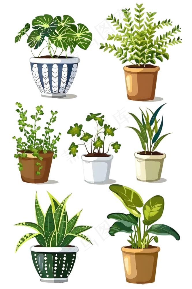 室内盆栽绿植装饰手绘插画免抠(1266x1900)