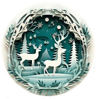 圣诞卡通剪纸麋鹿圣诞树绿色卡通免抠