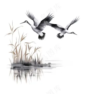 仙鹤白鹤飞过水草芦苇水墨画插画免抠 仙鹤白鹤飞过水草芦苇水墨画插画免抠