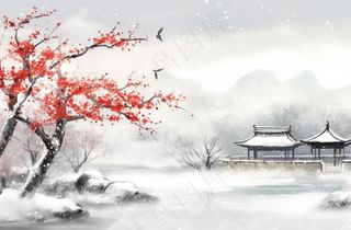 冬季山水梅花山峰水墨画中国风插画背景