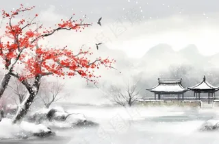 冬季山水梅花山峰水墨画中国风插画背景