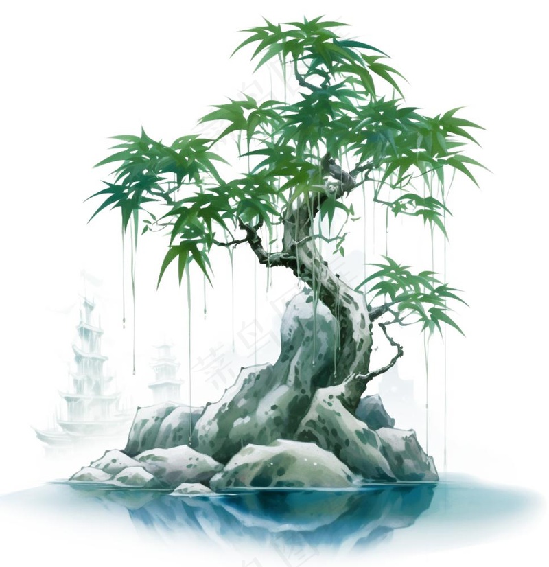 水墨松树枫树山石植物手绘中国风古风国画水彩插画免抠(1024x1056)