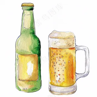啤酒酒瓶饮料水彩画插画免抠