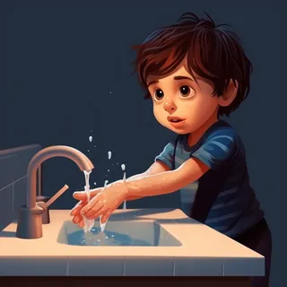 清洗手部男孩在洗手台洗手注意卫生卡通插画背景