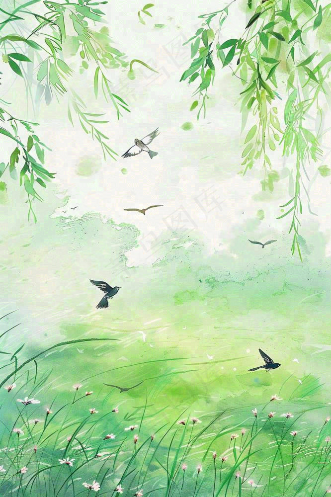 春天春暖花开柳树燕子草丛春游踏青立春惊蛰春分水彩插画背景