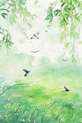 春天春暖花开柳树燕子草丛春游踏青立春惊蛰春分水彩插画背景