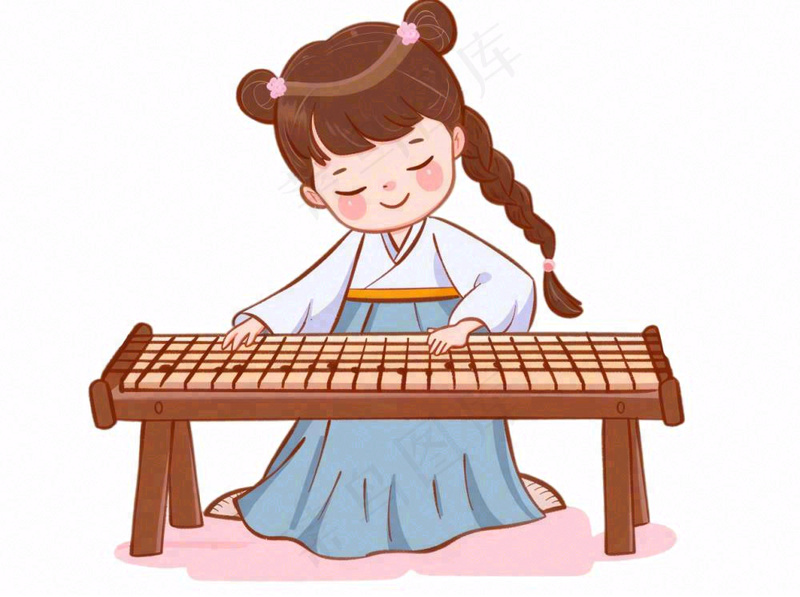 中国传统乐器弹奏古筝琵琶中国风古装女孩卡通插画免抠(1264x944)