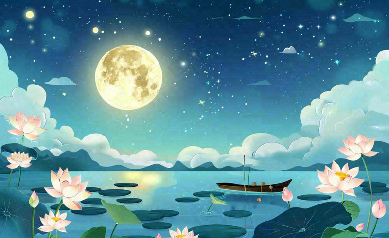 中秋夜晚赏月荷花山水河流中的帆船舟月亮倒映水面中元节寒露插画背景(1408x864)