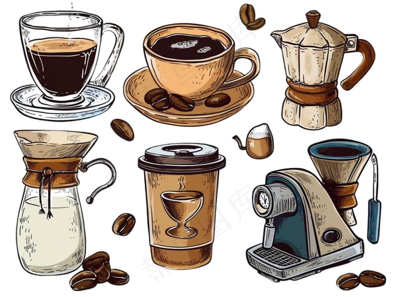 咖啡元素手绘卡通插画素材免抠