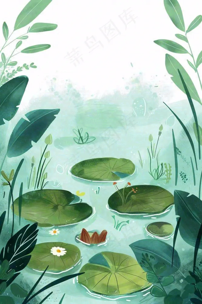 夏日池塘荷花睡莲水塘立夏小暑大暑处暑插画背景(896x1344)