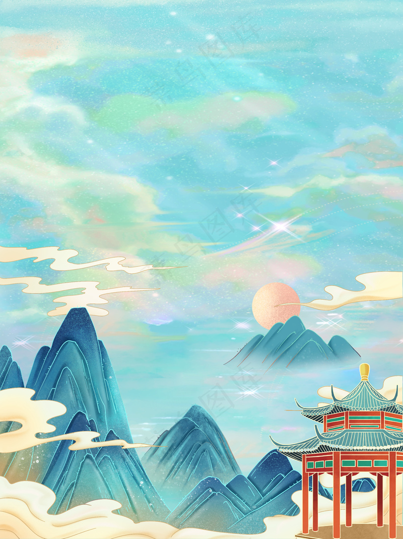 青山绿水中国水墨画山水背景psd模版下载