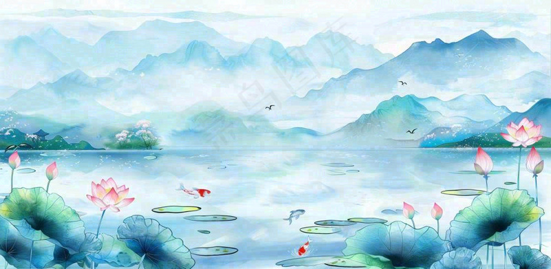 夏天水墨画山水荷花莲花蓝色插画立夏夏至大暑背景(1568x768)