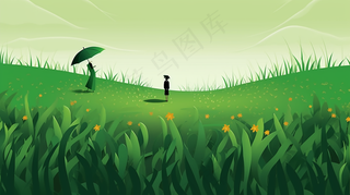 春天草坪万物生长新芽绿色卡通插画背景