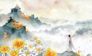 秋天古风水墨画山川菊花古风人物端午清明中秋重阳插画背景