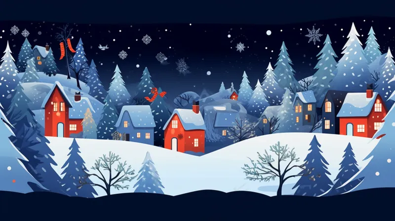 冬季白雪覆盖的欧洲小镇圣诞节日卡通插画背景(4368x2448)