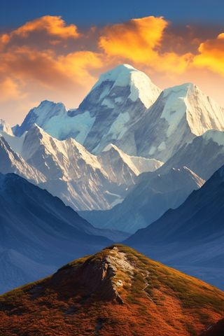 夕阳下的高原雪山美景摄影图