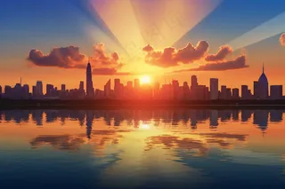 傍晚夕阳下的城市剪影落日晚霞倒影在湖面摄影图