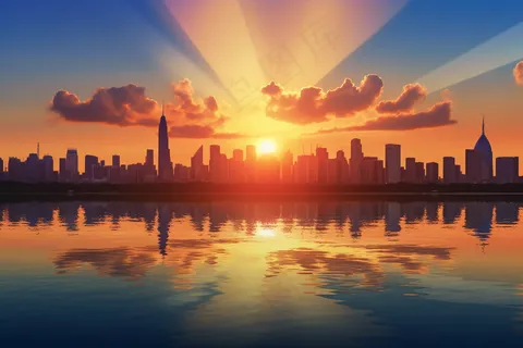 傍晚夕阳下的城市剪影落日晚霞倒影在湖面摄影图 傍晚夕阳下的城市剪影落日晚霞倒影在湖面摄影图