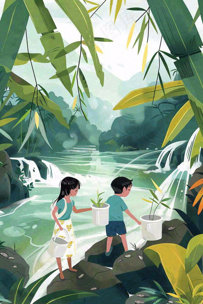 夏天孩子们在森林丛林小溪玩水嬉水处暑夏至卡通插画背景(896x1344)