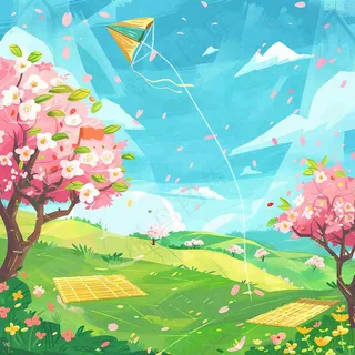 春天春游野餐桃花草丛春分惊蛰插画背景