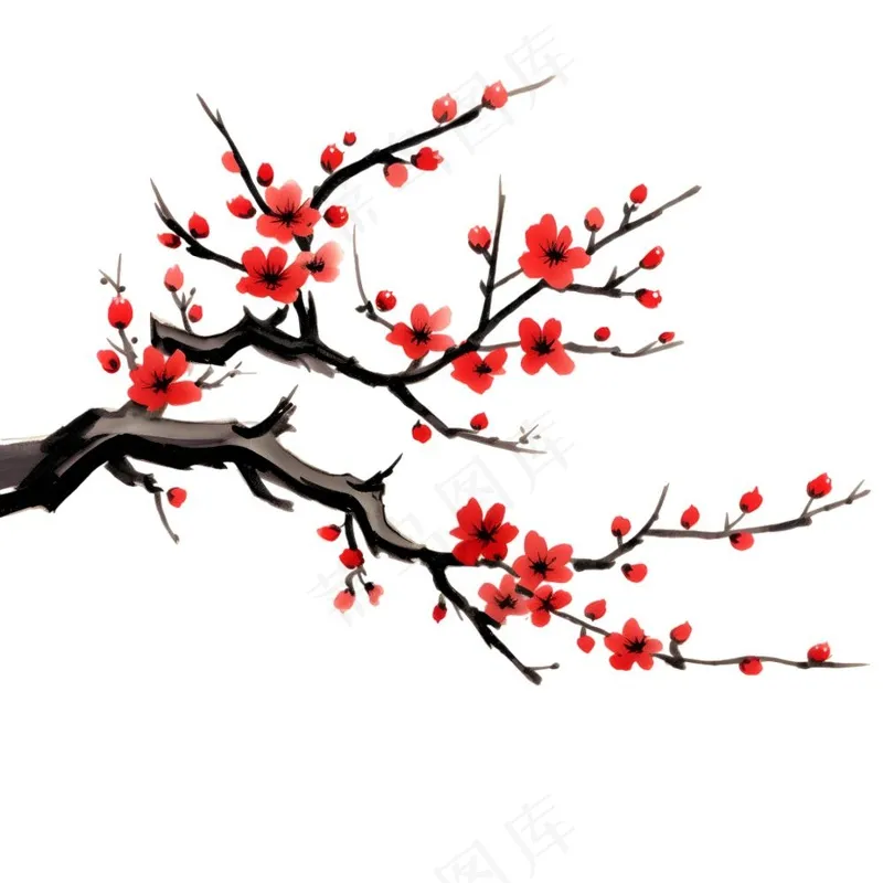 梅花红色冬天国画水彩画免抠(1900x1900)