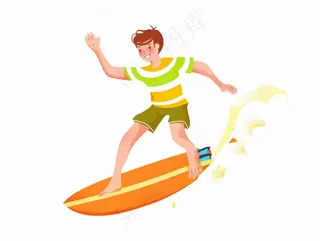 冲浪少年运动卡通人物插画免抠