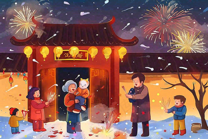 卡通新年全家放烟花鞭炮团聚喜庆春节插画过年喜庆小年除夕夜元宵背景