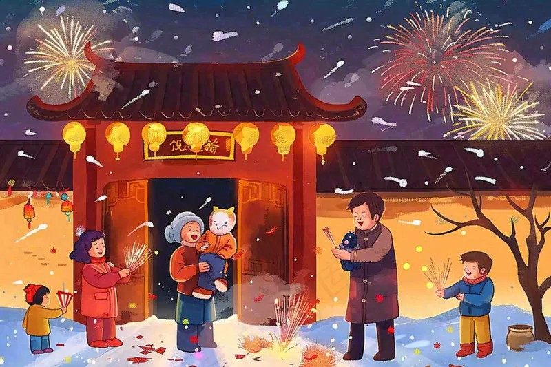 卡通新年全家放烟花鞭炮团聚喜庆春节插画过年喜庆小年除夕夜元宵背景(1344x896)