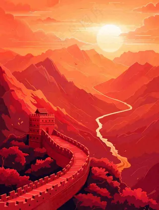 万里长城中国山河红色北京旅游景点八一建军节红色文化卡通插画背景