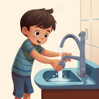 清洗手部男孩在洗手台洗手注意卫生卡通插画背景