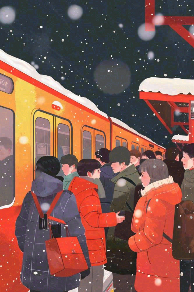 新年春节春运高铁火车回家过年卡通插画背景(896x1344)