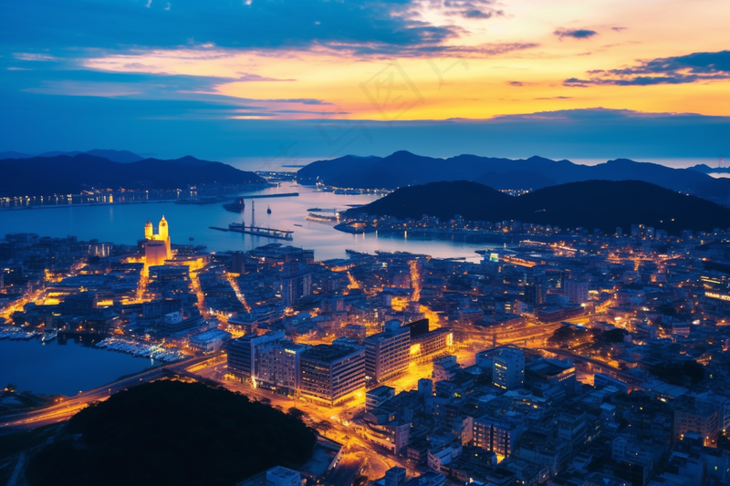 夕阳傍晚下沿海城市灯火车水马繁华龙落日余晖摄影图(4032x2688)