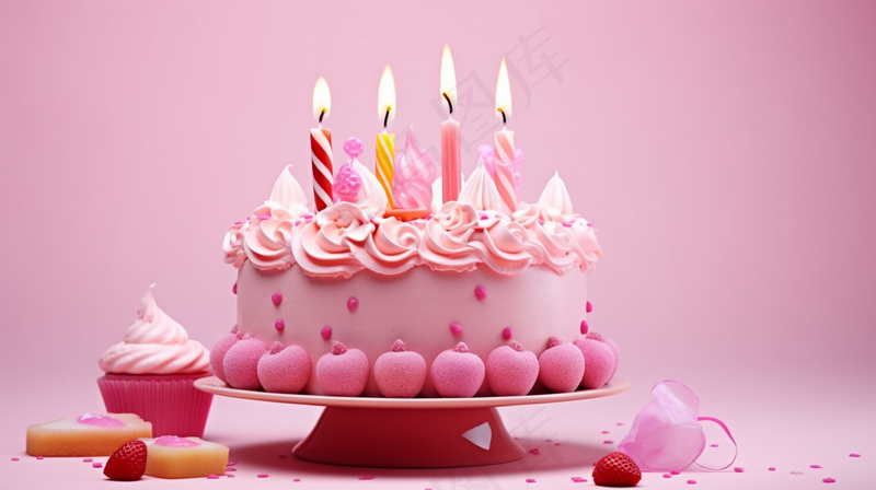 粉色生日蛋糕梦幻甜点摄影图