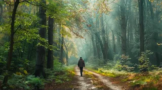 森林漫步阳光透过树枝丁达尔效应摄影图