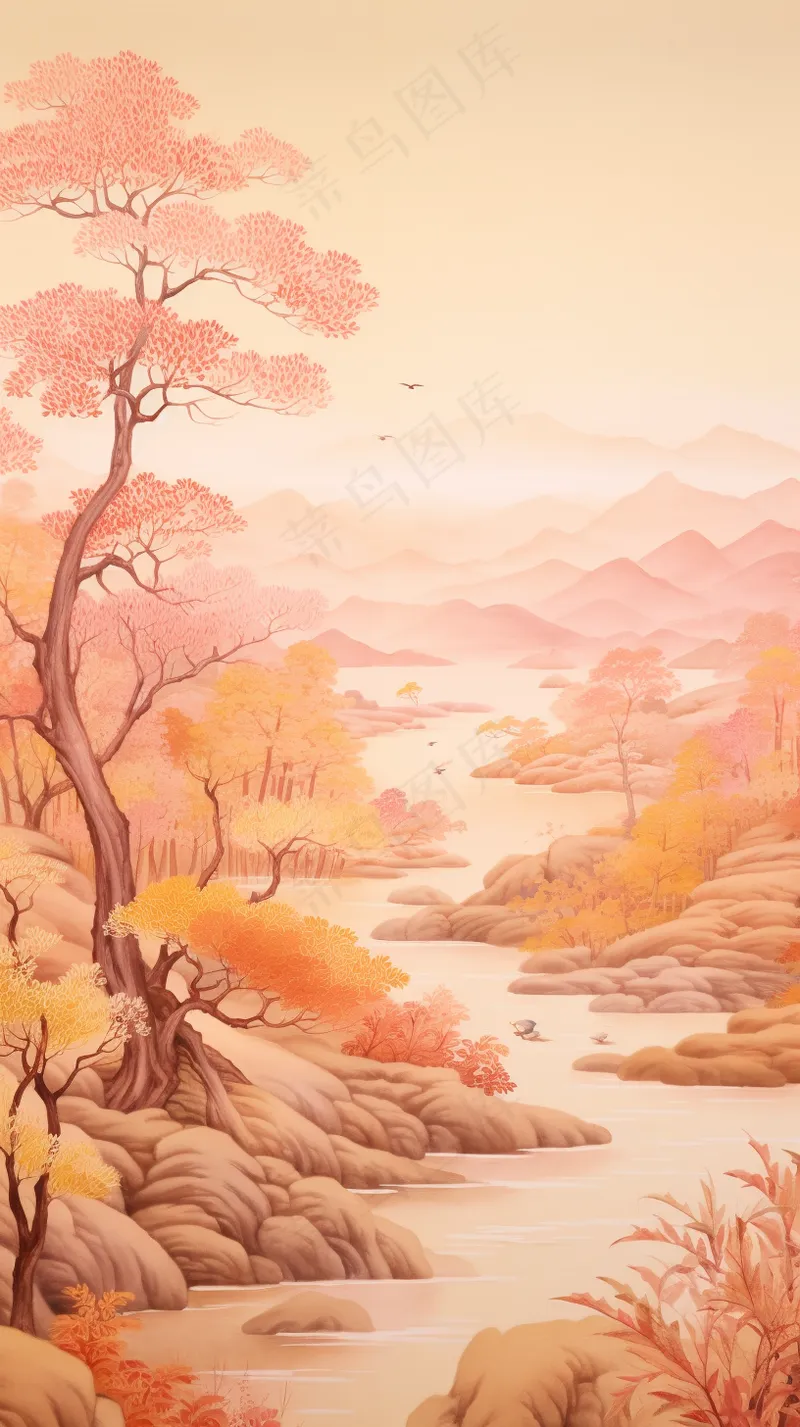 国风山水画河流花草国画水墨画素材背景(2448x4368)