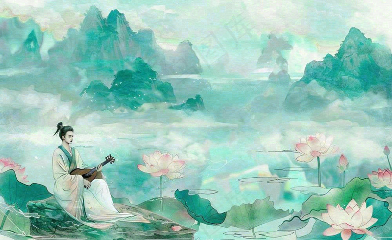 古风屈原人物山水画荷花端午时节中国风水墨插画背景(1408x864)