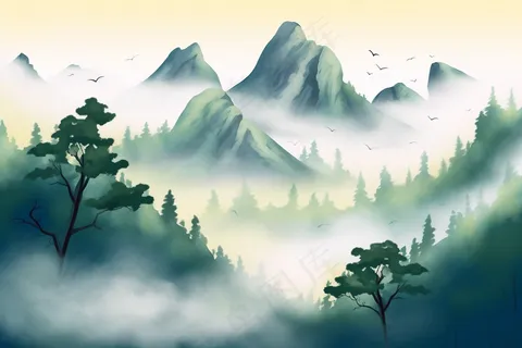 国风山川河流山水画青山绿水插画背景