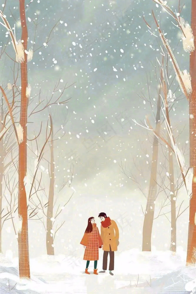 冬天森林里的情侣相拥赏雪白桦树白雪立冬小雪冬至卡通插画背景(896x1344)