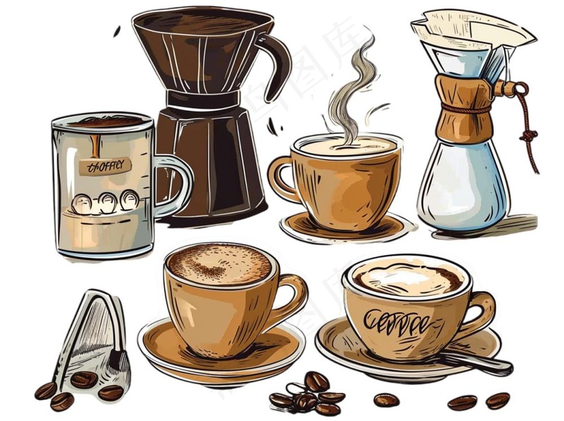 咖啡元素手绘卡通插画素材免抠